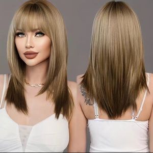 Brown/Blonde Ombre Straight Wig w/ Bangs